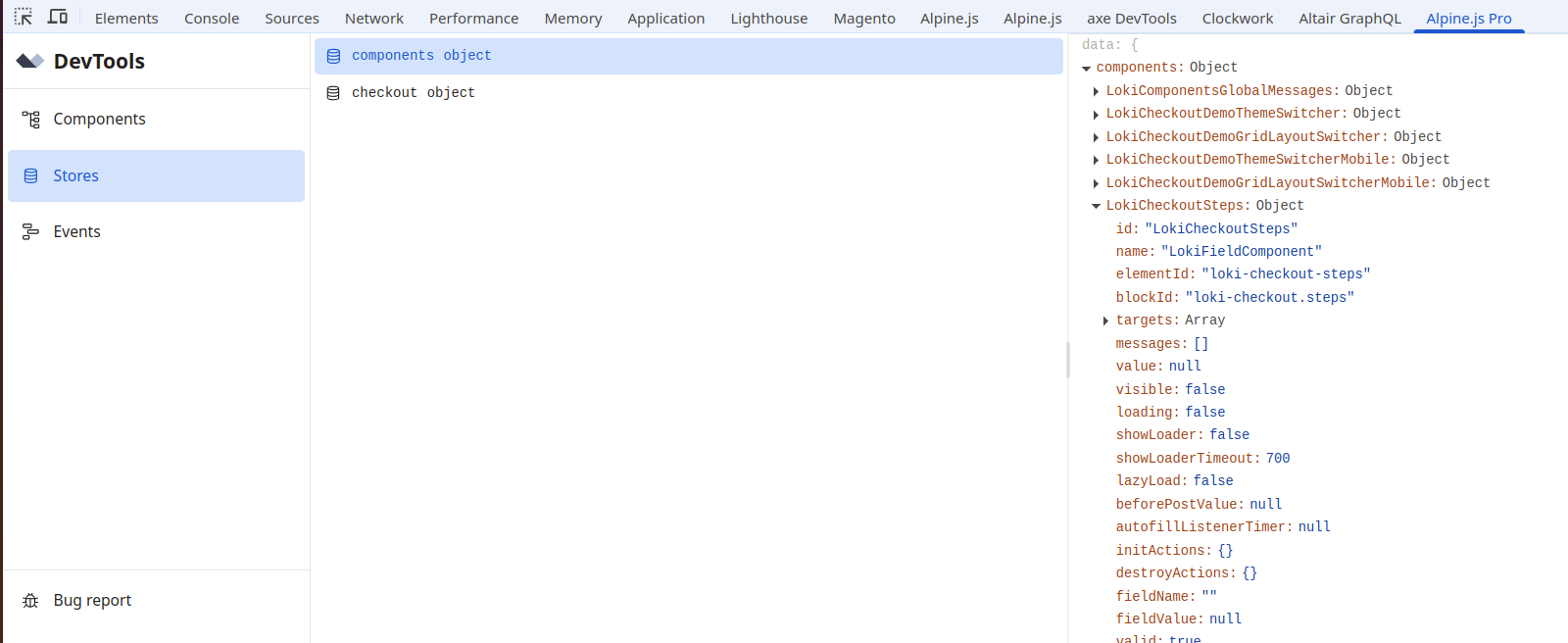 Analysing a component in the store with Alpine.js Pro DevTools