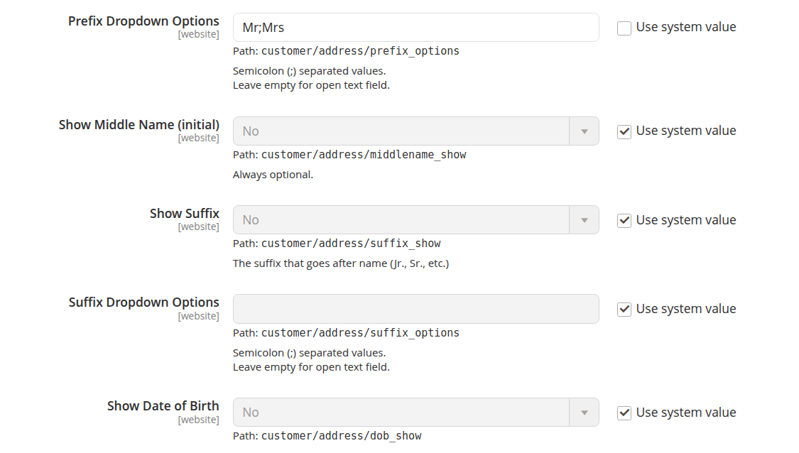 Configuration of various customer address fields