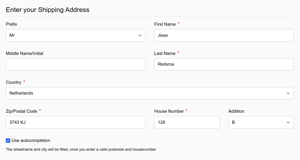 Address fields arranged in a grid that makes sense for Postcode NL