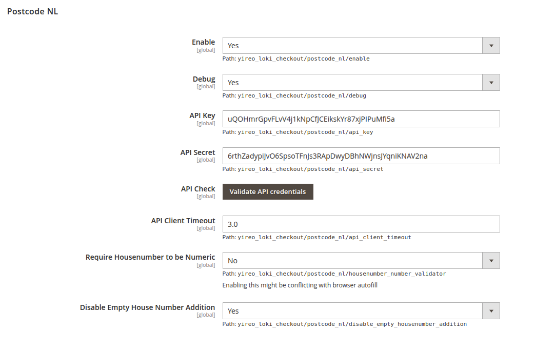 Postcode NL settings in the Magento backend