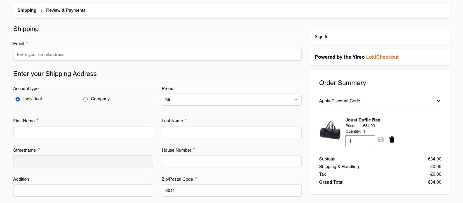 A simple screenshot of the default checkout