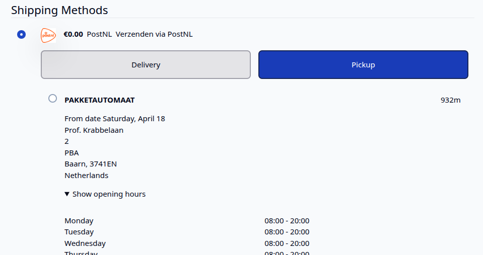 PostNL pickup locations, sorted by distance